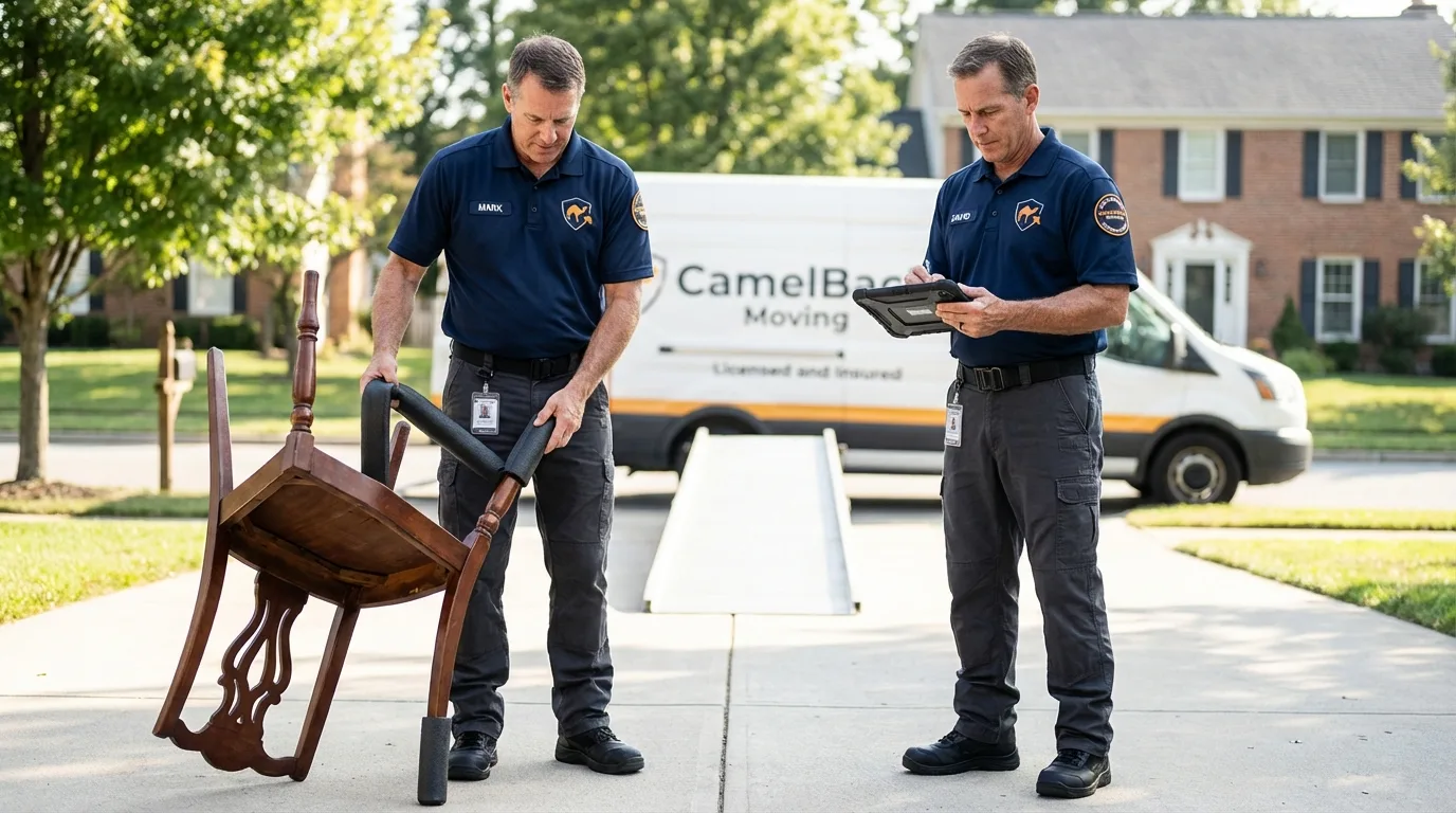 Movers inspecting furniture for damage prevention before loading in Lancaster, KY