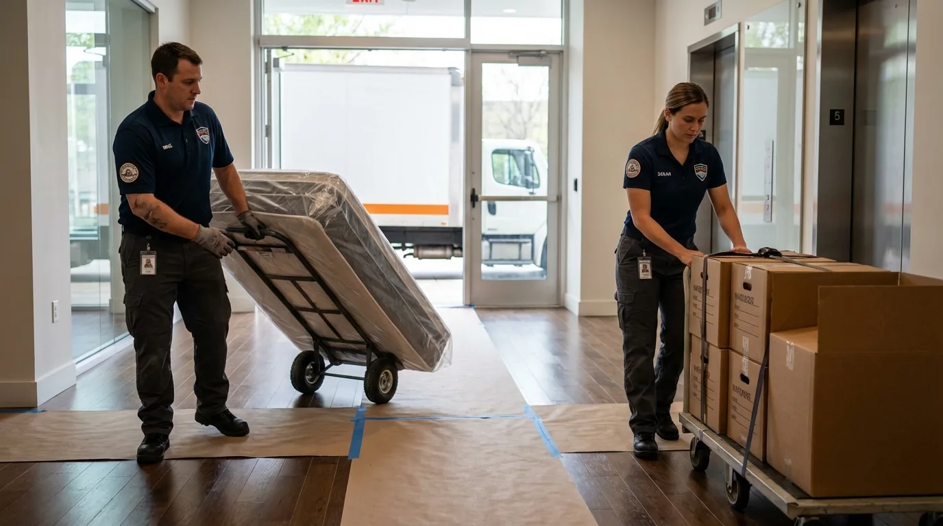 Professional apartment movers loading elevator in Lancaster, KY